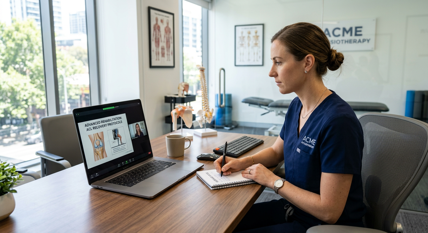 Physiotherapist attending a professional development webinar at their clinic desk