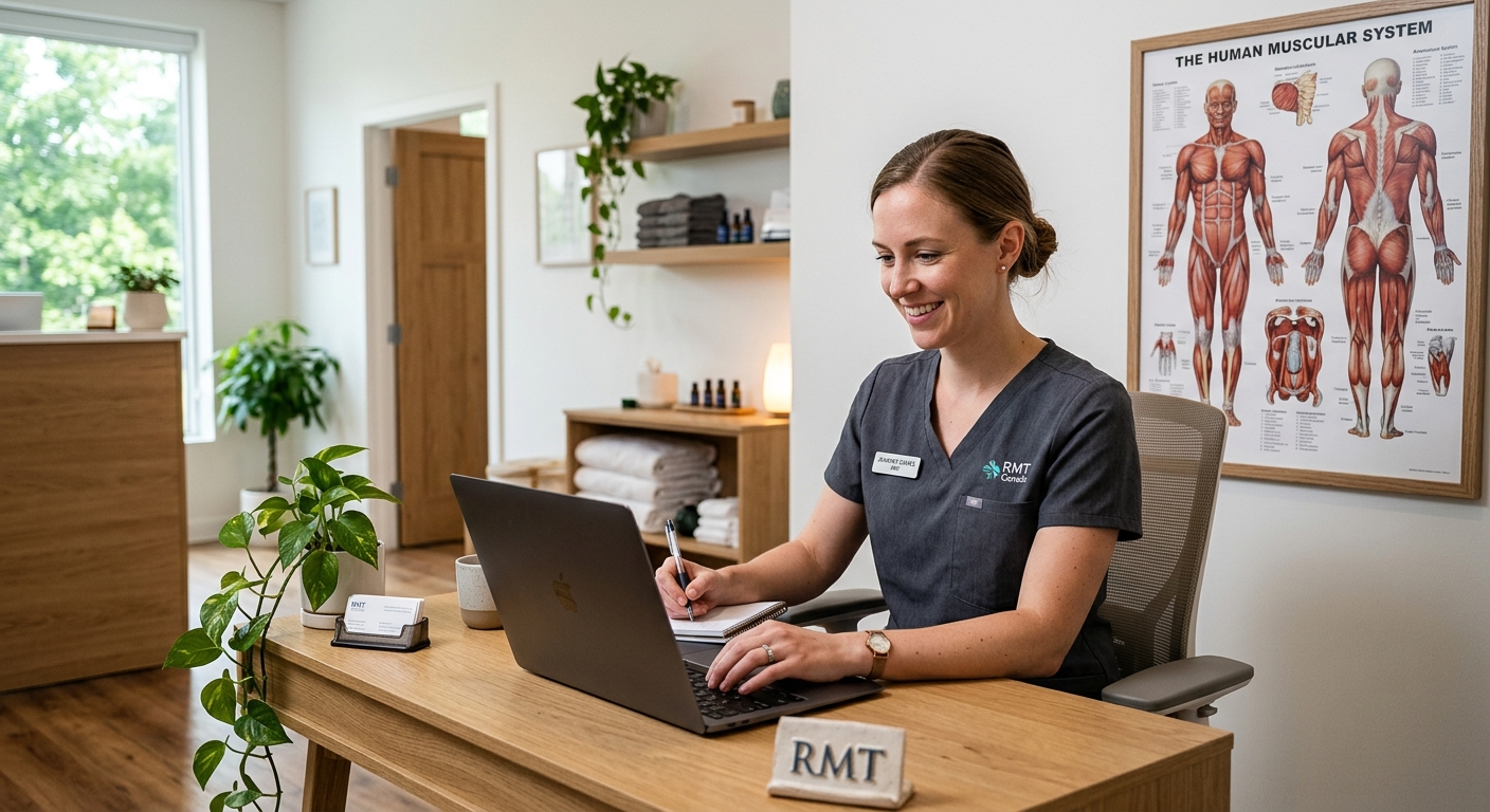 Massage therapist creating educational content on a laptop at their clinic desk
