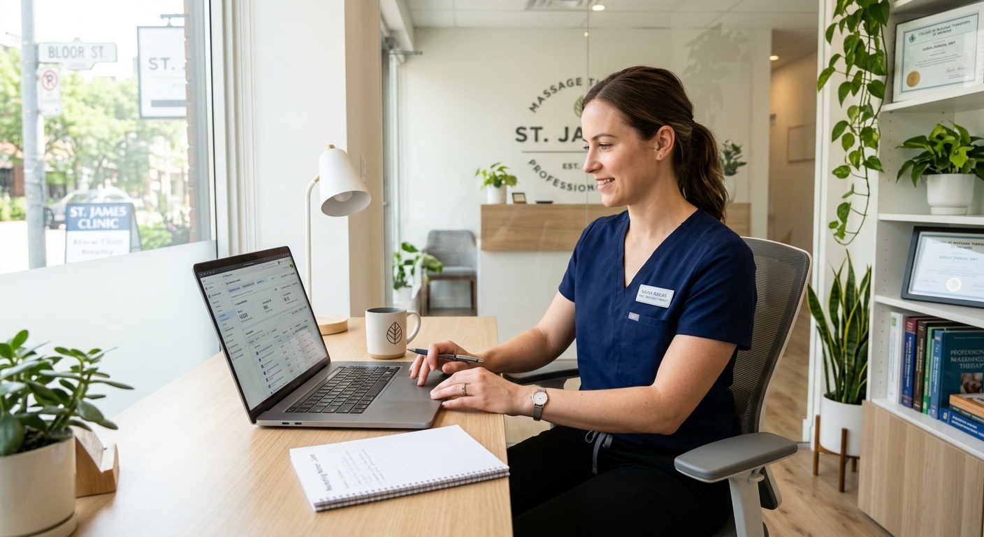 Registered massage therapist reviewing Facebook ad campaign results on a laptop